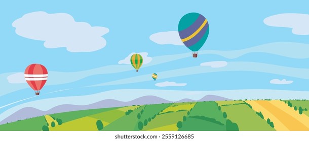 Air hot balloons flying over rural agricultural field scenic landscape vector illustration. Airships with wicker baskets sky flight panoramic scenery. Travel recreation time and ballooning festival