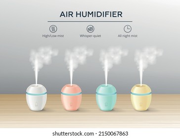 Air humidifier advertising composition with four working devices of different colour and their features description realistic vector illustration