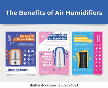 El humidificador de aire beneficia la Ilustración vectorial realista del conjunto de Plantilla de diseño de collage de folleto de información de compras. Inicio control de condensación de humedad vaporizador anuncio de información evento de internet