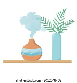 Air humidifier device for moisturizing air and improve climate in room. Home appliance and plants. Modern vector illustration