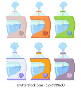 Air humidifier during work. Device for 
moistens dry air.Cleaning and humidifying device.Vector flat illustration.