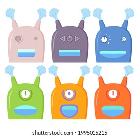 Humidificador de aire durante el trabajo. Caras divertidas de los robots.Dispositivo para 
humedece el aire seco.Ilustración plana vectorial.