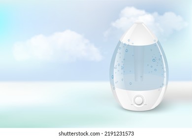 Air humidifier machine for home advertising realistic 3d poster. Domestic appliance for home humidity control. Air cleaner, purifier filled with water over cloudy background illustration