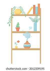 Air humidifier on shelf with plants and books. Device for humidifying air at home or offices and public places. Modern vector illustration