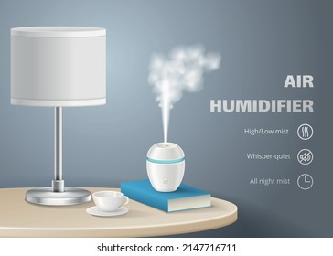 Air humidifier poster with its features and working device in cozy bedroom realistic vector illustration