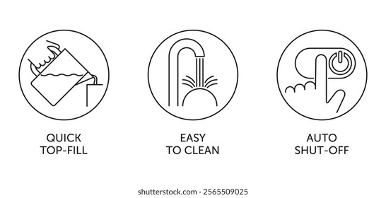 Air Humidifier properties icons set - Quick Top-fill, Easy to clean, Automatic Shut-off - pictograms for labeling in thin line