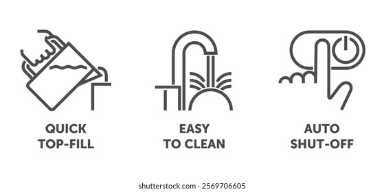 Air Humidifier properties icons set - Quick Top-fill, Easy to clean, Automatic Shut-off - pictograms for labeling in bold line