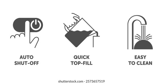 Air Humidifier properties icons set - Quick Top-fill, Easy to clean, Automatic Shut-off - pictograms for labeling in in monochrome style