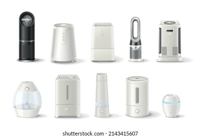 Air humidifier and purifier set with realistic household devices of different size and style isolated against white background vector illustration