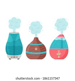 Air humidifier set. Microclimate home appliances. Ecological system for humidifying dry air. Modern vector flat illustration