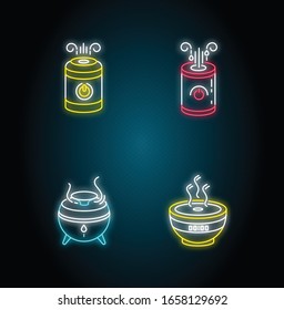 Air humidifiers, oil diffusers neon light icons set. Minimalistic air purifiers, premises humidity regulators. Signs with outer glowing effect. Vector isolated RGB color illustrations