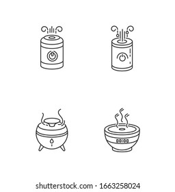 Air humidifiers, oil diffusers RGB pixel perfect linear icons set. Minimalistic air purifiers. Customizable thin line contour symbols. Isolated vector outline illustrations. Editable stroke