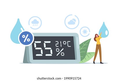 Air Humidity Concept. Tiny Female Character with Water Drop in Hands Stand at Huge Hygrometer Show Atmosphere and Climate or Microclimat Data. People Use Thermohygrometer. Cartoon Vector Illustration