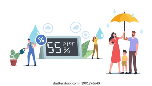 Air Humidity Concept. Tiny Male and Female Characters at Huge Hygrometer. Mother, Father and Child under Umbrella, Worker Watering Plants, Atmosphere, Climate. Cartoon People Vector Illustration