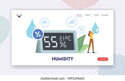 Air Humidity Landing Page Template. Tiny Female Character with Water Drop in Hands Stand at Huge Hygrometer Show Microclimat Atmosphere Data. People Use Thermohygrometer. Cartoon Vector Illustration