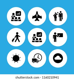 air icon. 9 air set with cloud, jet, sun and logistics delivery truck and clock vector icons for web and mobile app