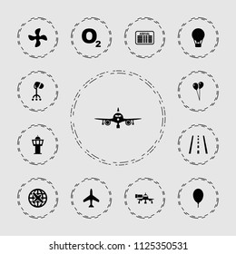 Air icon. collection of 13 air filled icons such as plane, hair dryer, balloon, o2 oxygen, runway, jetway, arrival table. editable air icons for web and mobile.