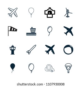 Air icon. collection of 16 air filled and outline icons such as airport, plane, balloon, rocket bomb, helicopter, man with parachute. editable air icons for web and mobile.