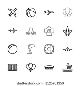 Air icon. collection of 16 air outline icons such as plane, airport, beach ball, balloon, plastic ball, radiator, hair dryer. editable air icons for web and mobile.