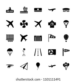 Air icon. collection of 25 air filled icons such as wind cone, arrival table, airport, paper airplane, plane, parachute, fan, open air. editable air icons for web and mobile.