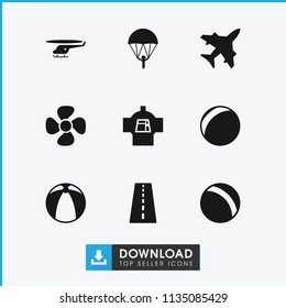 Air icon. collection of 9 air filled icons such as runway, ball, parachute, plastic ball, fan, plane, luggage compartment in airplane. editable air icons for web and mobile.