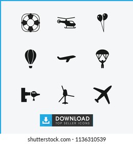 Air icon. collection of 9 air filled icons such as jetway, helicopter, plane, balloon, man with parachute. editable air icons for web and mobile.