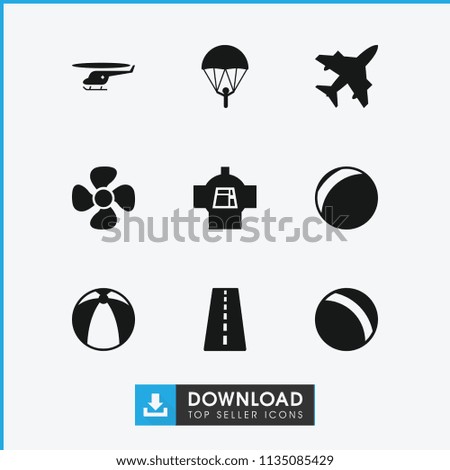 Air icon. collection of 9 air filled icons such as runway, ball, parachute, plastic ball, fan, plane, luggage compartment in airplane. editable air icons for web and mobile.