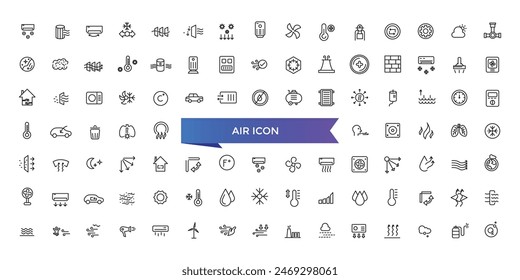 Colección de icono de aire. Relacionado con ventilación, aire acondicionado, ventilador, viento, soplo, oxígeno, respiración, CO2, contaminación y más. Conjunto de iconos de línea de Vector.