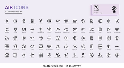 Air icon collection. Related to ventilation, air conditioner, fan, wind, blow. Line icon for web and ui. Vector illustration with icon names.