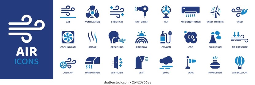 Air - Icon Collection. Thin Line Set contains such Icons as Air, Ventilation, Fresh, purifier, Hair, dryer, Fan and more. Simple web icons set.