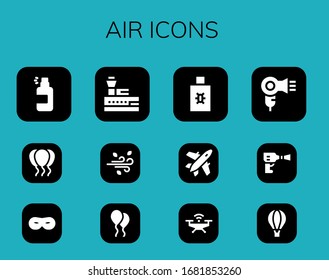 Air Icon Set. 12 Filled Air Icons. Included Spray, Balloons, Mask, Control Tower, Wind, Balloon, Plane, Drone, Hair Dryer, Wheel Pressure, Hot Air Balloon Icons