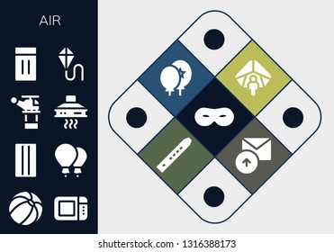 air icon set. 13 filled air icons.  Simple modern icons about  - Mask, Beach ball, Microwave oven, Inflatable, Balloons, Helicopter, Extractor hood, Kite, Hang gliding, Flute