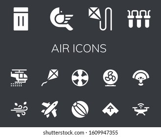 air icon set. 14 filled air icons.  Simple modern icons such as: Inflatable, Bird, Kite, Filter, Wind, Helicopter, Plane, Beach ball, Propeller, Airplane, Fan, Drone