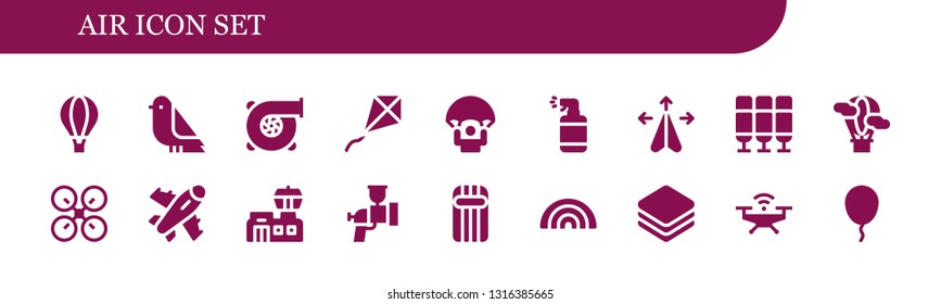 air icon set. 18 filled air icons.  Collection Of - Hot air balloon, Bird, Turbo, Kite, Parachute, Spray, Plane, Seat, Drone, Airport, Airbrush, Inflatable, Rainbow, Layers, Balloon