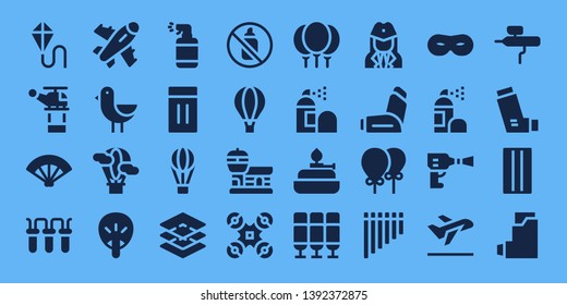 air icon set. 32 filled air icons. on blue background style Collection Of - Kite, Helicopter, Fan, Filter, Plane, Bird, Hot air balloon, Spray, Inflatable, Layers, Aerosol, Airport