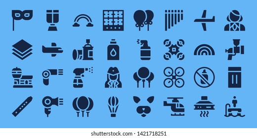 air icon set. 32 filled air icons. on blue background style Simple modern icons about  - Mask, Layers, Airport, Flute, Oxygen mask, Airplane, Hairdryer, Hair dryer, Rainbow, Spray