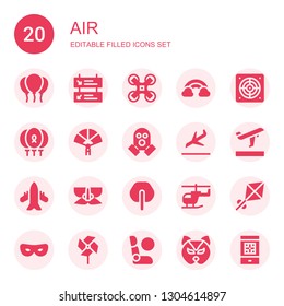 air icon set. Collection of 20 filled air icons included Balloons, Departures, Drone, Rainbow, Extractor, Paper fan, Gas mask, Landing, Airplane, Mask, Fan, Helicopter, Kite, Pinwheel
