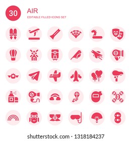air icon set. Collection of 30 filled air icons included Jetpack, Departures, Flute, Fan, Inflatable, Hot air balloon, Wind mill, Water heater, Bird, Airplane, Telegram, Heart balloon