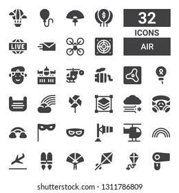 air icon set. Collection of 32 filled air icons included Hair dryer, Kite, Paper fan, Jetpack, Landing, Rainbow, Helicopter, Windsock, Mask, Gas mask, Blizzard, Layers, Pinwheel