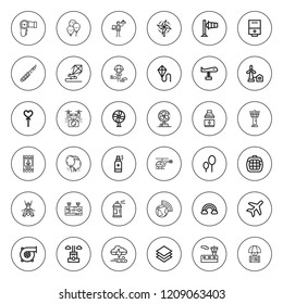 Air icon set. collection of 36 outline air icons with atmosphere, balloons, carrier, clarinet, chimney, control tower, flight information, drone icons. editable icons.