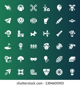 air icon set. Collection of 36 filled air icons included Hot air balloon, Transport, Fans, Belts candy, Drone, Paper plane, Layers, Masks, Balloon, Mask, Fan, Hair dryer, Helicopter