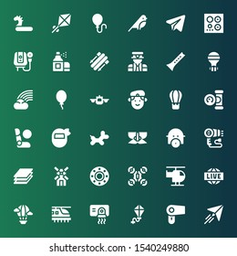 air icon set. Collection of 36 filled air icons included Paper plane, Hair dryer, Kite, Hand dryer, Hyperloop, Hot air balloon, Live, Helicopter, Drone, Transport, Wind mill, Layers