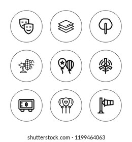 Air icon set. collection of 9 outline air icons with balloons, eolic energy, fan, layers, masks, safebox icons. editable icons.
