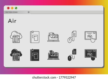 air icon set. included cloud, training, touchscreen, enter, click icons on white background. linear, filled styles.