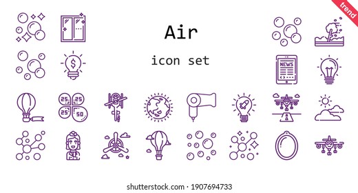 air icon set  line icon style  air related icons such as propeller  idea  runway  hurricane  ozone layer  petals  cloudy  tablet  stewardess  hot air balloon  helicopter  airplane  hairdryer  bubbles