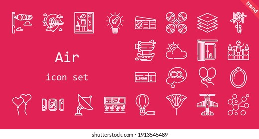 air icon set  line icon style  air related icons such as airship  balloons  plane ticket  idea  co2  windsock  windows  cold water  drone  airport  cloudy  radar  hot air balloon  fan  helicopter