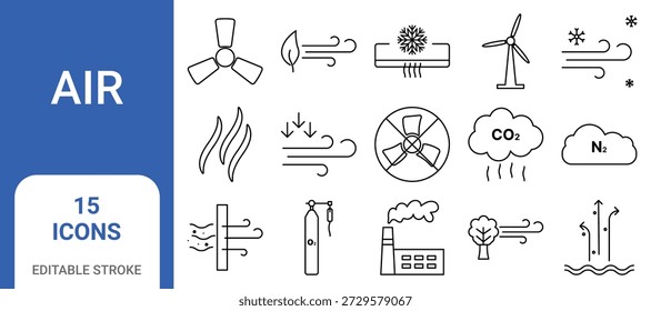 Luftsymbolsatz, der Wind-, Sauerstoff-, Luftstrom-, Luftqualitäts-, Lüftungs- und Umweltkonzepte darstellt. Ideal für Wetter-Apps, Klimaanlagen, Gesundheit und umweltfreundliche Designs.