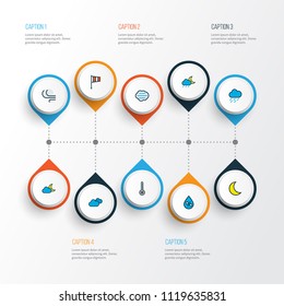 Air icons colored line set with degree, lunar, moonbeam and other hazy elements. Isolated vector illustration air icons.