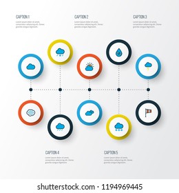 Air icons colored line set with solar, windy, frosty and other overcast weather elements. Isolated vector illustration air icons.