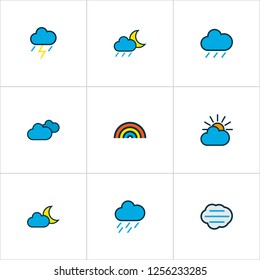 Air icons colored line set with nimbus, cloudy day, raindrop and other clouded elements. Isolated vector illustration air icons.